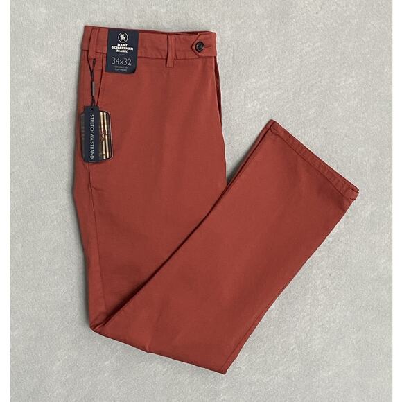 Hart Schaffner Marx Men's 34x32 Pant Stretch Waist Flat Front Brick Red NEW - Picture 1 of 11